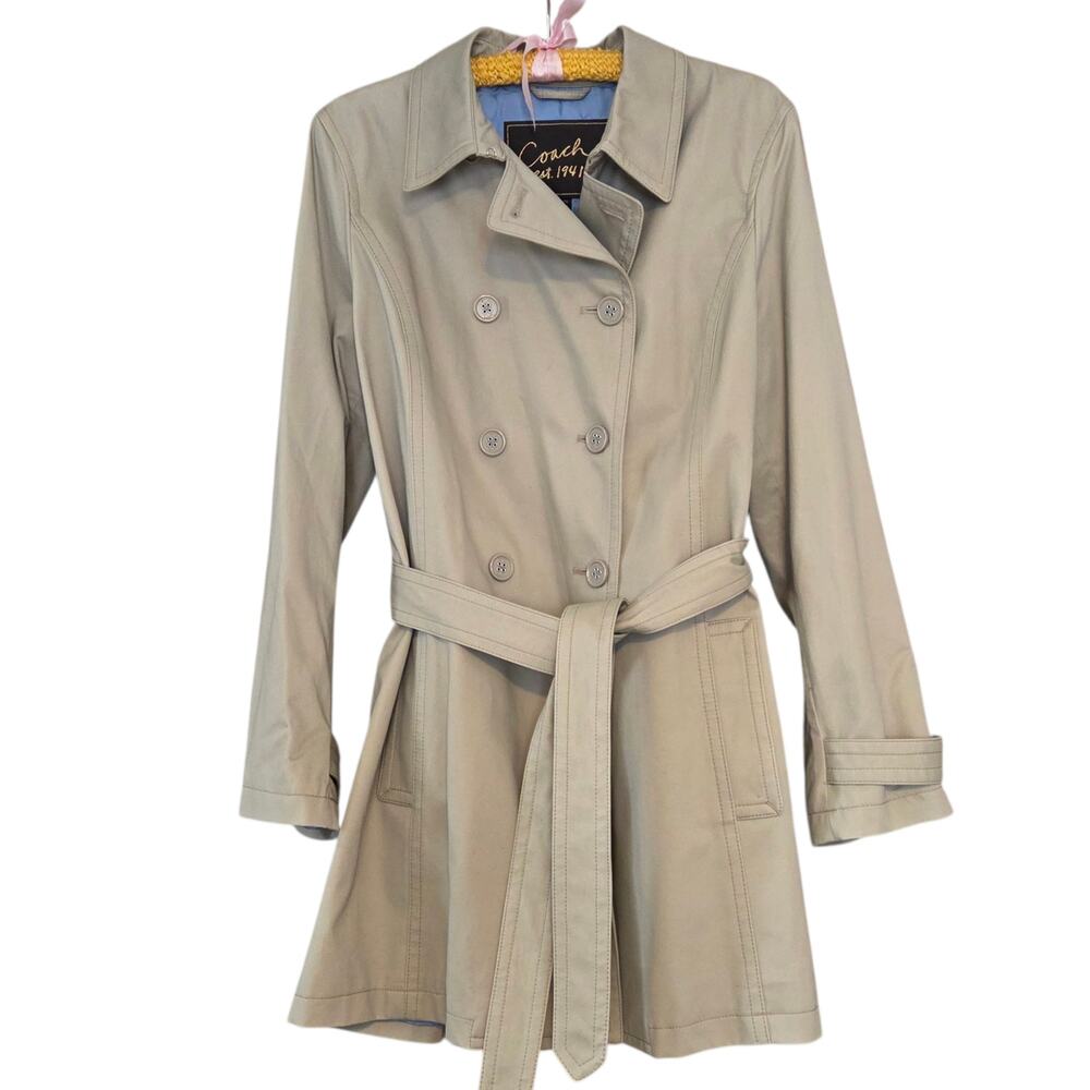 Coach Trench Coat Double Breasted, Belted, above the knee length, sz XL Tan